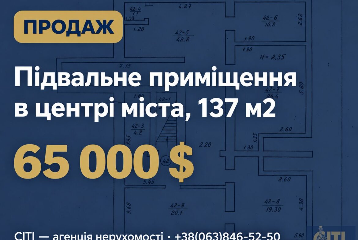 Підвальне приміщення в центрі міста, 137 м2
