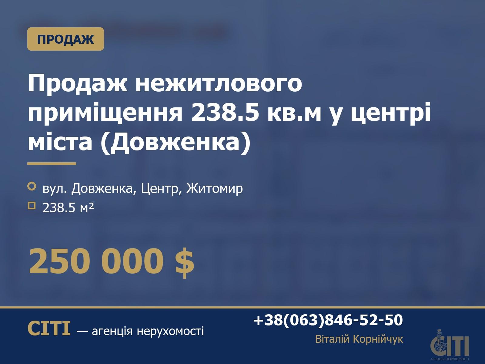 Продаж нежитлового приміщення 238.5 кв.м у центрі міста (Довженка)